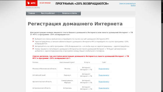 Websites: МТС. 20% Возвращаются